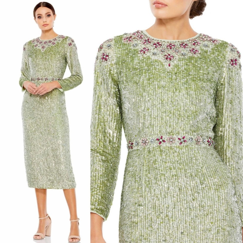 Mac Duggal Floral Beaded Dress Women 4 Sequins Tea Length Sage Green Long Sleeve - Picture 12 of 13